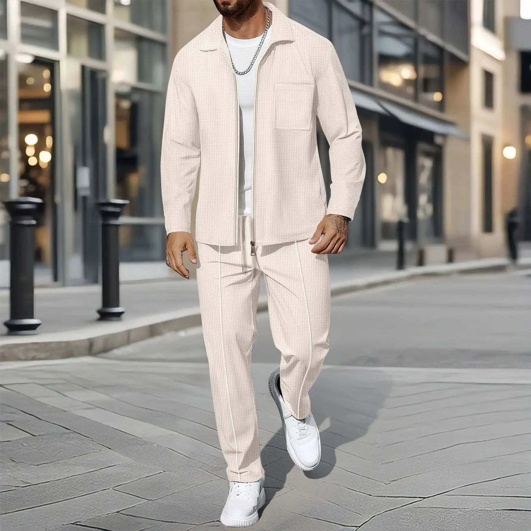 Herren Business Casual Zweiteiliges Set Frühling Herbst Waffel Reißverschluss Hemd Mantel und Hose Trendiges modisches Outfit